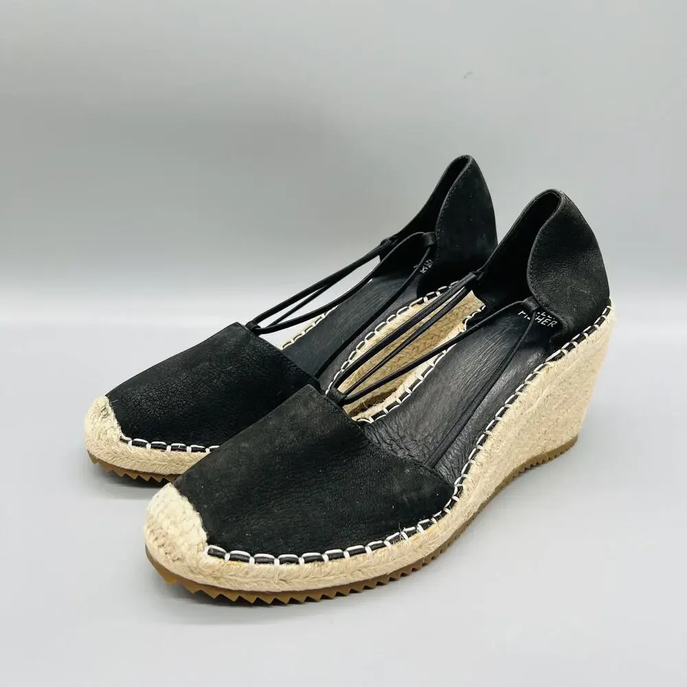 Eileen Fisher Shoes Women 9.5 Black Nubuck Yasmin Espadrille Wedge Heels Slip On